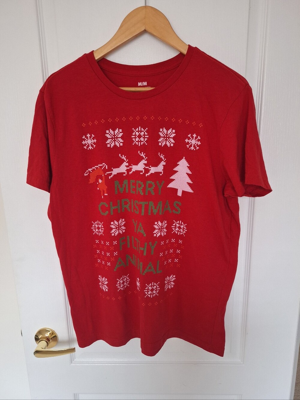 Women's Red Holiday Graphic Tee - Merry Christmas Ya Filthy Animal M